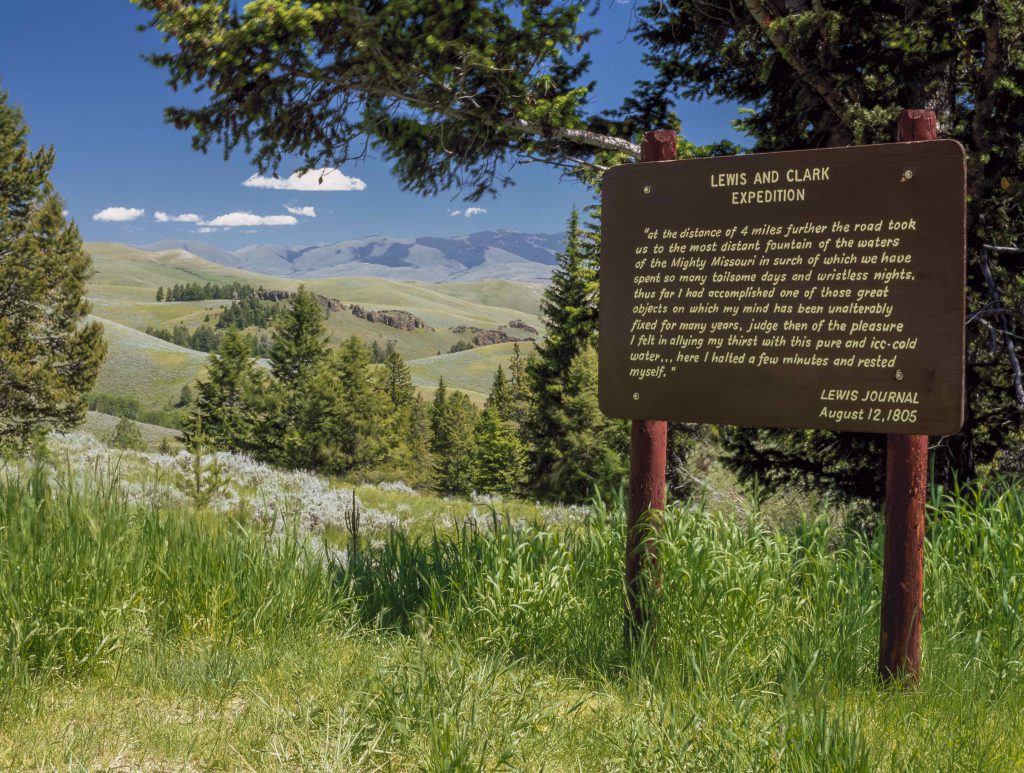 marker near lemhi pass in the beaverhead mountains noting the lewis and clark expedition reaching the missouri river headwaters