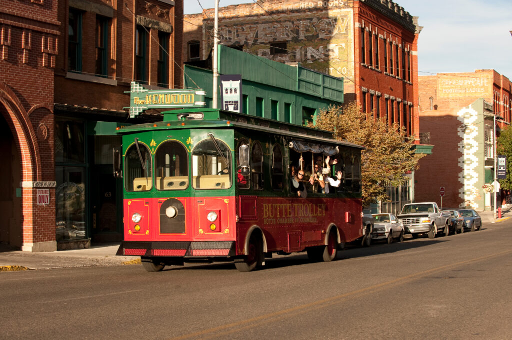 Butte, Montana tour trolley in Uptown Butte. Photo by Donnie Sexton, Department of Tourism.