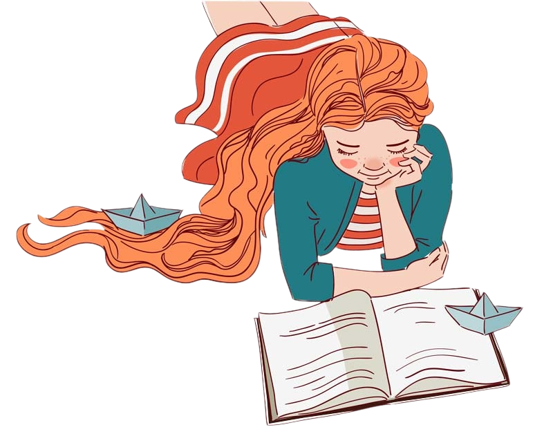 Illustration of a young red haired girl reading a book